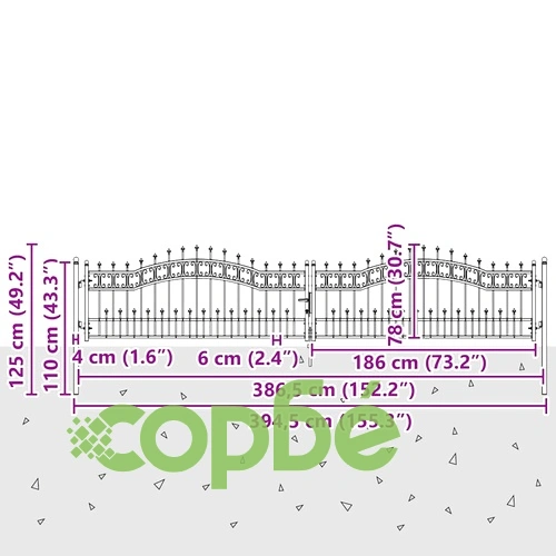 Врата за ограда с връх тип копие KAMPEN, стомана, 404 x 120 см, сива ➤ топ цена ➤ sorbe.bg
