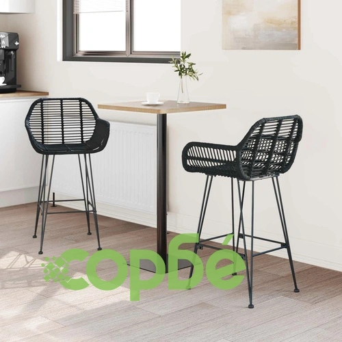 Бар стол 2 броя, черно, 55 x 52 x 92 см, ратан и желязо ➤ топ цена ➤ sorbe.bg