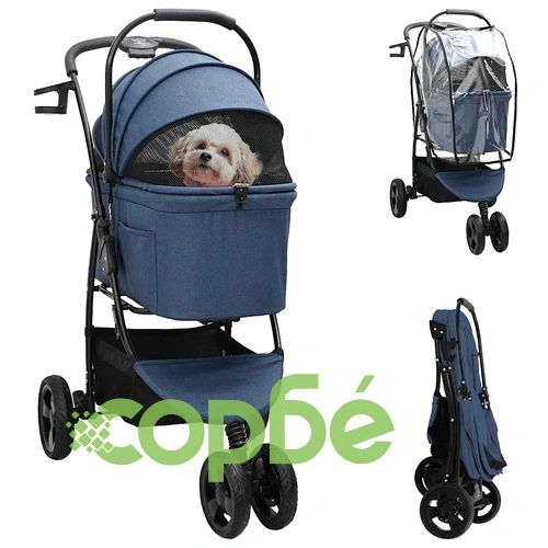 Сгъваема количка за домашни любимци 2 в 1 с покривало, синя, 78 x 54 x 101 см ➤ топ цена ➤ sorbe.bg