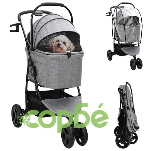 Сгъваема количка за домашни любимци 2в1 с дъждобран - сива 78x54x101 см ➤ топ цена ➤ sorbe.bg