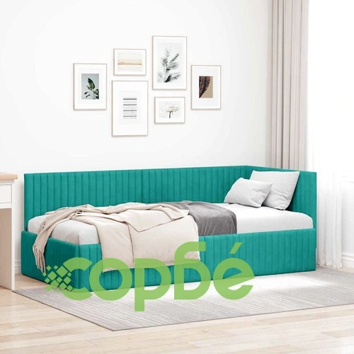 Ъглова рамка за легло с табла тюркоаз 90x190 см от кадифе ➤ топ цена ➤ sorbe.bg