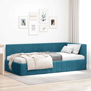 Кадифена ъглова рамка за легло с табла 90x190 см синя от инженерна дървесина