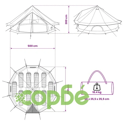 Семейна палатка за 10 души - 185T полиестер с PU покритие, кафява, 500x500x298 см ➤ топ цена ➤ sorbe.bg