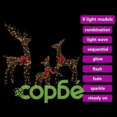 Коледна декорация семейство елени 3 броя с LED осветление от ратан 128 см ➤ топ цена ➤ sorbe.bg
