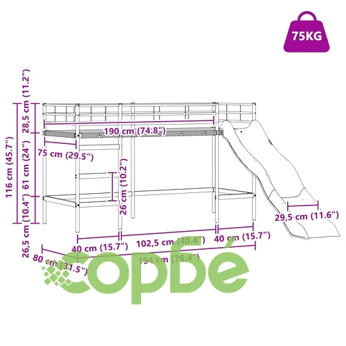 Детско двуетажно легло с пързалка, 190 x 75 см, бяло и антрацит ➤ топ цена ➤ sorbe.bg