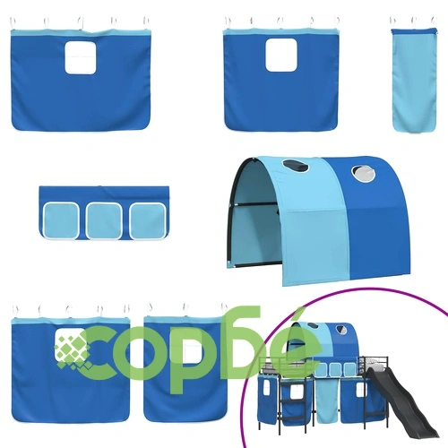 Детско легло тип къщичка с пързалка, арка и завеси, стомана, 90 x 190 см, черно и синьо ➤ топ цена ➤ sorbe.bg