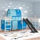 Детско двуетажно легло с завеси, арка и пързалка, 90 x 190 см, стомана, Бяло и синьо