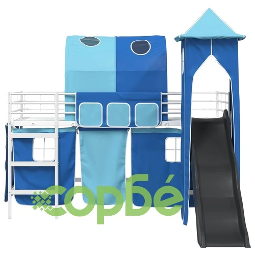 Детско легло-кула с пързалка и завеси, 90 x 190 см, метал, бяло и синьо ➤ топ цена ➤ sorbe.bg