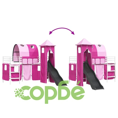 Детско легло с пързалка и кула, Бяло и розово, 90 x 190 см, Метал ➤ топ цена ➤ sorbe.bg