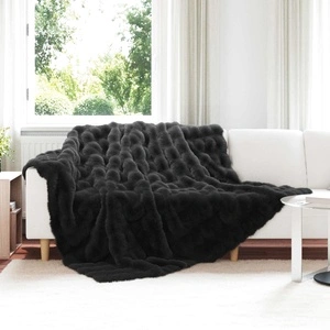 Одеяло от изкуствена заешка козина Olite, 240 x 270 см, полиестер, Черно