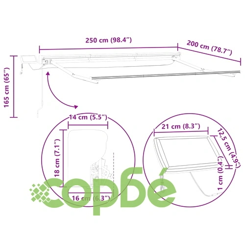 Рамка за сенник с LED осветление, ръчна, Бял, 2,5 x 2 м, Алуминий ➤ топ цена ➤ sorbe.bg
