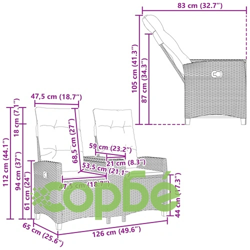 Люлееща се пейка с масичка от полиратан, сиво и тъмносиньо, 126 x 65 x 112 см ➤ топ цена ➤ sorbe.bg