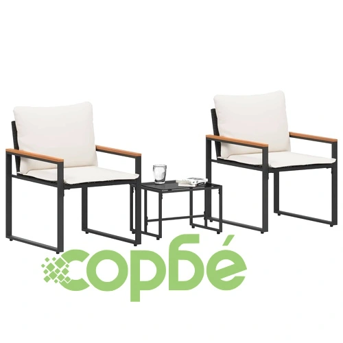 Градински комплект мебели от ратан 3 части, 2 стола и стъклена маса, черно и кремаво бяло ➤ топ цена ➤ sorbe.bg
