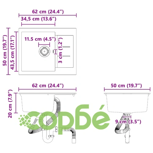 Мивка за кухня Бяло 620 x 500 мм, 80% Кварц и 20% Смола ➤ топ цена ➤ sorbe.bg