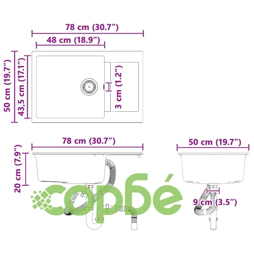 Мивка за кухня Сив 780 x 500 мм, 80% Кварц и 20% Смола ➤ топ цена ➤ sorbe.bg
