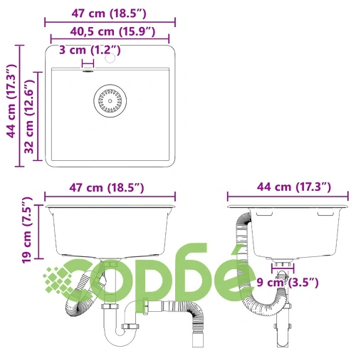 Кухненска мивка от гранитен композит 470 x 440 мм, сива ➤ топ цена ➤ sorbe.bg