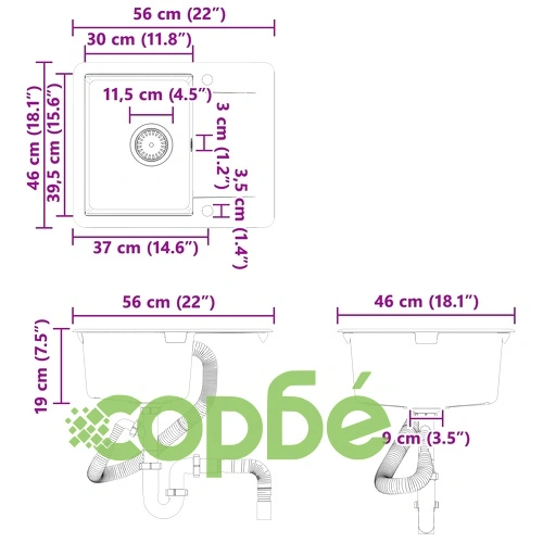 Мивка от кварц и смола 560 x 460 мм, черна ➤ топ цена ➤ sorbe.bg