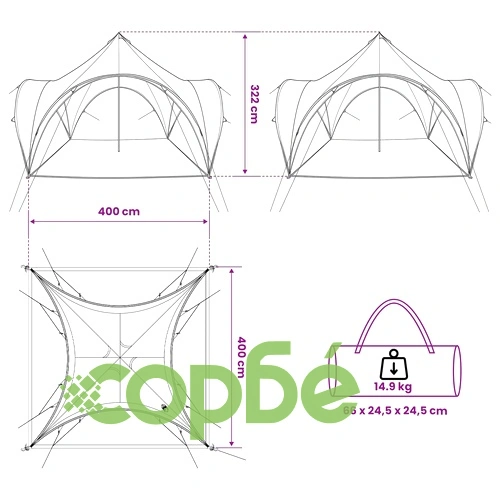Парти шатра Зелено 400 x 400 x 320 см, Полиестер и стомана ➤ топ цена ➤ sorbe.bg