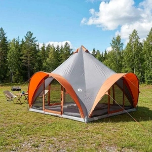 Палатка тип типи за 6 души, Сиво и оранжево, Полиестер и стомана, 400 x 400 x 350 см