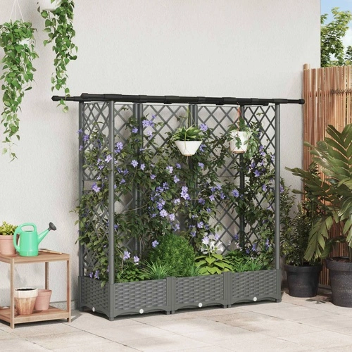 Повдигната леха с решетка за катерене и покрив, полипропилен, 164 x 40 x 121 см, светлосиво ➤ топ цена ➤ sorbe.bg