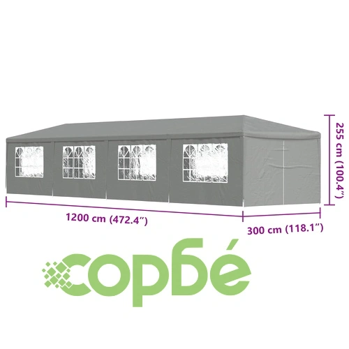 Парти шатра 1200 x 300 x 255 см, Светлосиво, Полиетилен и стомана ➤ топ цена ➤ sorbe.bg
