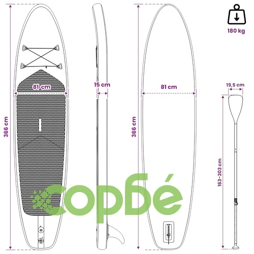 Надуваема SUP дъска HYDROS 366 x 81 x 15 см, ПВЦ, Тюркоаз ➤ топ цена ➤ sorbe.bg