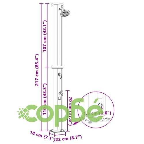 Соларен душ с душ-глава и кран 40 л, PVC/ABS/Цинкова сплав, 217 см ➤ топ цена ➤ sorbe.bg