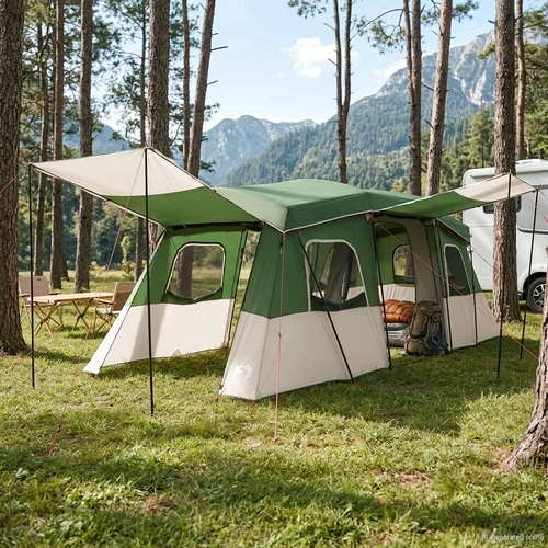 Моментна палатка с дъждобран, водоустойчива, 3-местна, 606 x 245 x 197 см, Зелена ➤ топ цена ➤ sorbe.bg