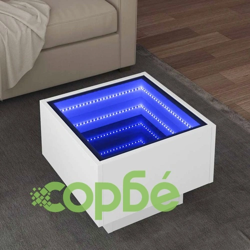 Помощна маса с LED осветление, бяла, 40x40x30 см, инженерно дърво ➤ топ цена ➤ sorbe.bg