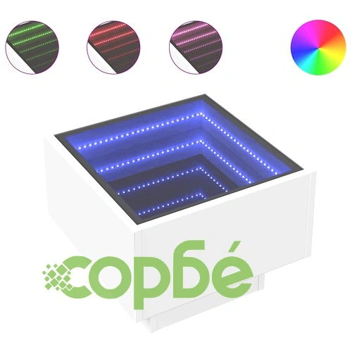 Помощна маса с LED осветление, бяла, 40x40x30 см, инженерно дърво ➤ топ цена ➤ sorbe.bg