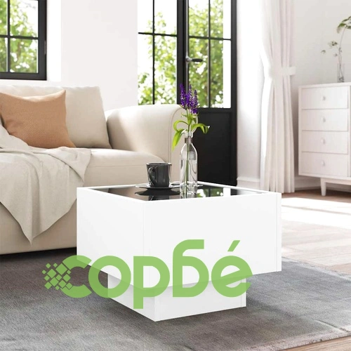 Помощна маса с LED осветление, бяла, 40x40x30 см, инженерно дърво ➤ топ цена ➤ sorbe.bg
