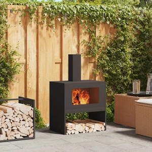 Огнище с комин от стомана, черно, 60x40x96 см, за градина и тераса