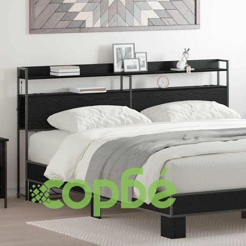 Табла за легло с рафтове и LED осветление Черен дъб 180 cm Инженерно дърво ➤ топ цена ➤ sorbe.bg