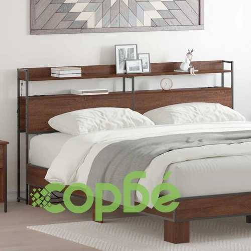 Табла за легло с рафтове и LED осветление - кафяв дъб 180 см инженерно дърво ➤ топ цена ➤ sorbe.bg
