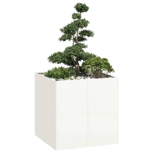 Квадратна Кашпа от Стомана в Бяло, 80x80x80 см, за Градина и Тераса