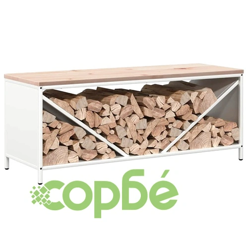 Стойка за дърва с дървен плот от студено валцувана стомана, бяла 100,5x35,5x40 см ➤ топ цена ➤ sorbe.bg