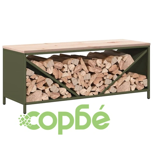 Стойка за дърва за огрев с дървена горна част, маслиненозелена, 100,5x35,5x40 см ➤ топ цена ➤ sorbe.bg