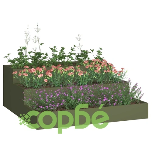 Градинска саксия 3-етажна 90x90x35 см маслиненозелена стомана ➤ топ цена ➤ sorbe.bg
