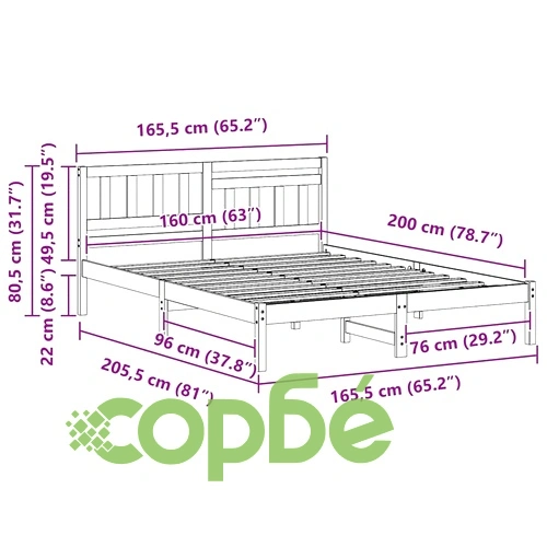 Рамка за легло с табла Восъчнокафяв 160x200 см Борово дърво масив ➤ топ цена ➤ sorbe.bg