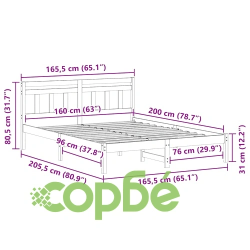 Рамка за легло с табла от масивно борово дърво, бяла, 160x200 см ➤ топ цена ➤ sorbe.bg