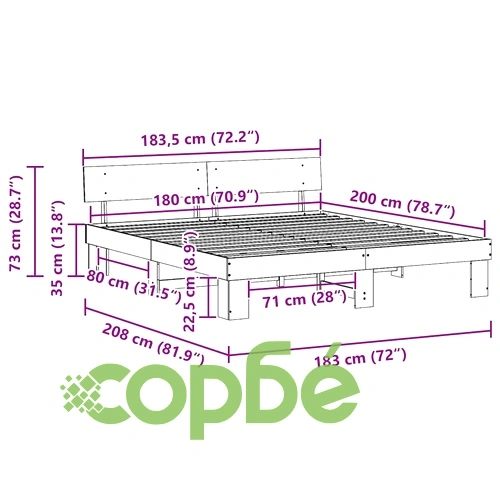 Рамка за легло с табла - Восъчнокафяв, 180 x 200 cm, Масивно борово дърво ➤ топ цена ➤ sorbe.bg