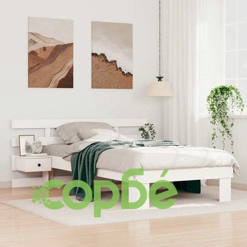Рамка за легло с нощни шкафчета бяло 100x200 см борово дърво масив ➤ топ цена ➤ sorbe.bg