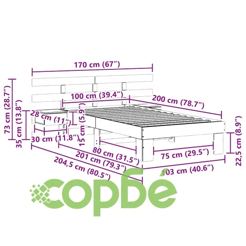 Рамка за легло с нощни шкафчета бяло 100x200 см борово дърво масив ➤ топ цена ➤ sorbe.bg