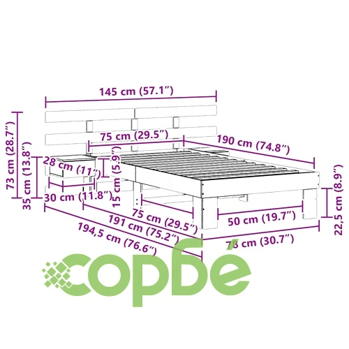 Рамка за легло с нощни шкафчета бяло 75x190 см борово дърво масив ➤ топ цена ➤ sorbe.bg