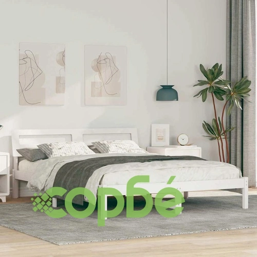 Рамка за легло с табла и LED осветление - Бяло - 150 x 200 cm - Масивно борово дърво ➤ топ цена ➤ sorbe.bg
