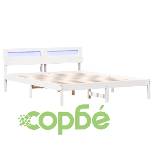 Рамка за легло с табла и LED осветление - Бяло - 150 x 200 cm - Масивно борово дърво ➤ топ цена ➤ sorbe.bg