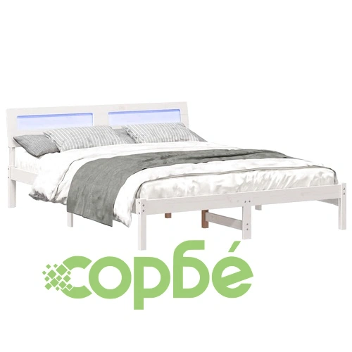 Рамка за легло с табла и LED осветление - Бяло - 150 x 200 cm - Масивно борово дърво ➤ топ цена ➤ sorbe.bg