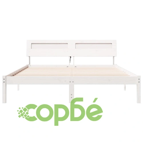 Рамка за легло с табла и LED осветление - Бяло - 150 x 200 cm - Масивно борово дърво ➤ топ цена ➤ sorbe.bg