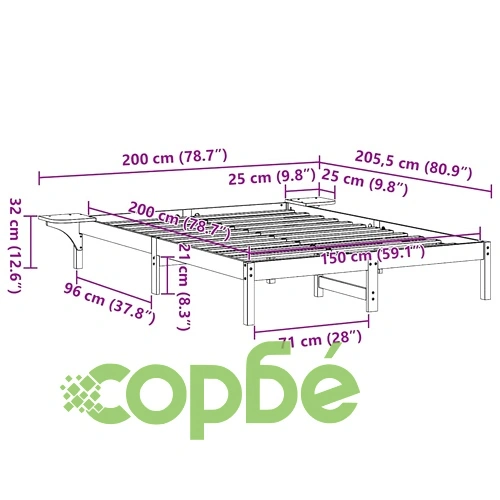 Леглов каркас с нощни шкафчета от масивна борова дървесина, бял, 150x200 см ➤ топ цена ➤ sorbe.bg