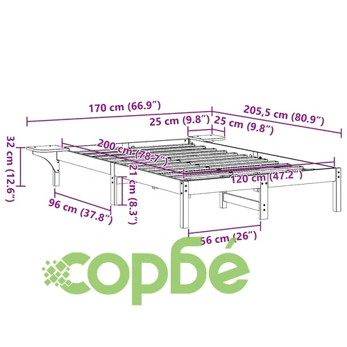 Леглови каркас с нощни шкафчета от масивно борово дърво 120x200 см, кафяв ➤ топ цена ➤ sorbe.bg